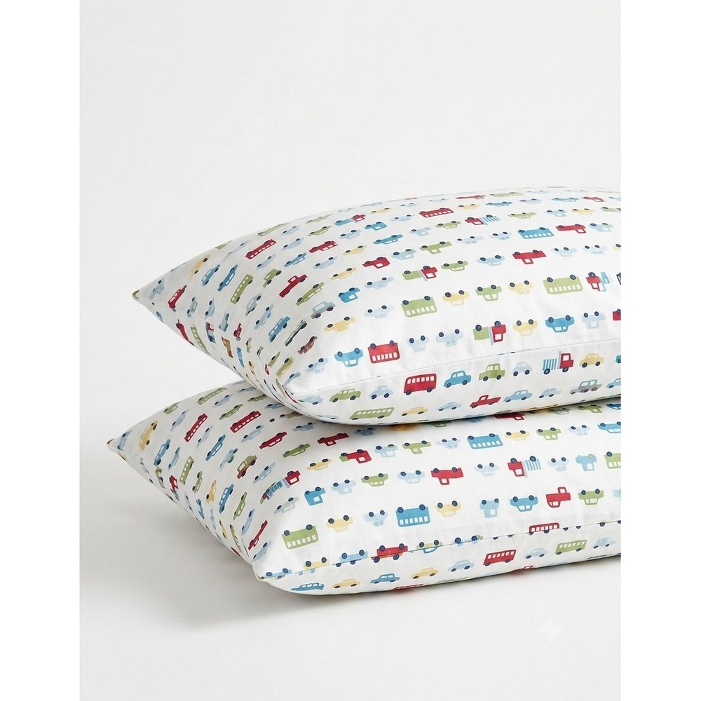 Pottery Barn Kids Brody Standard Pillowcases Set of 2 Cars Trucks Vehicles White